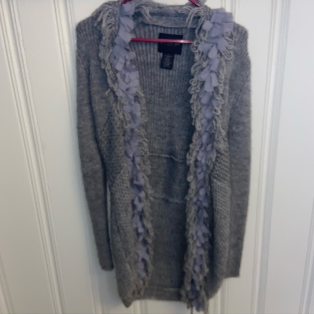 MM Couture women small Gray Long-line Cardigan embellished collar artsy detail